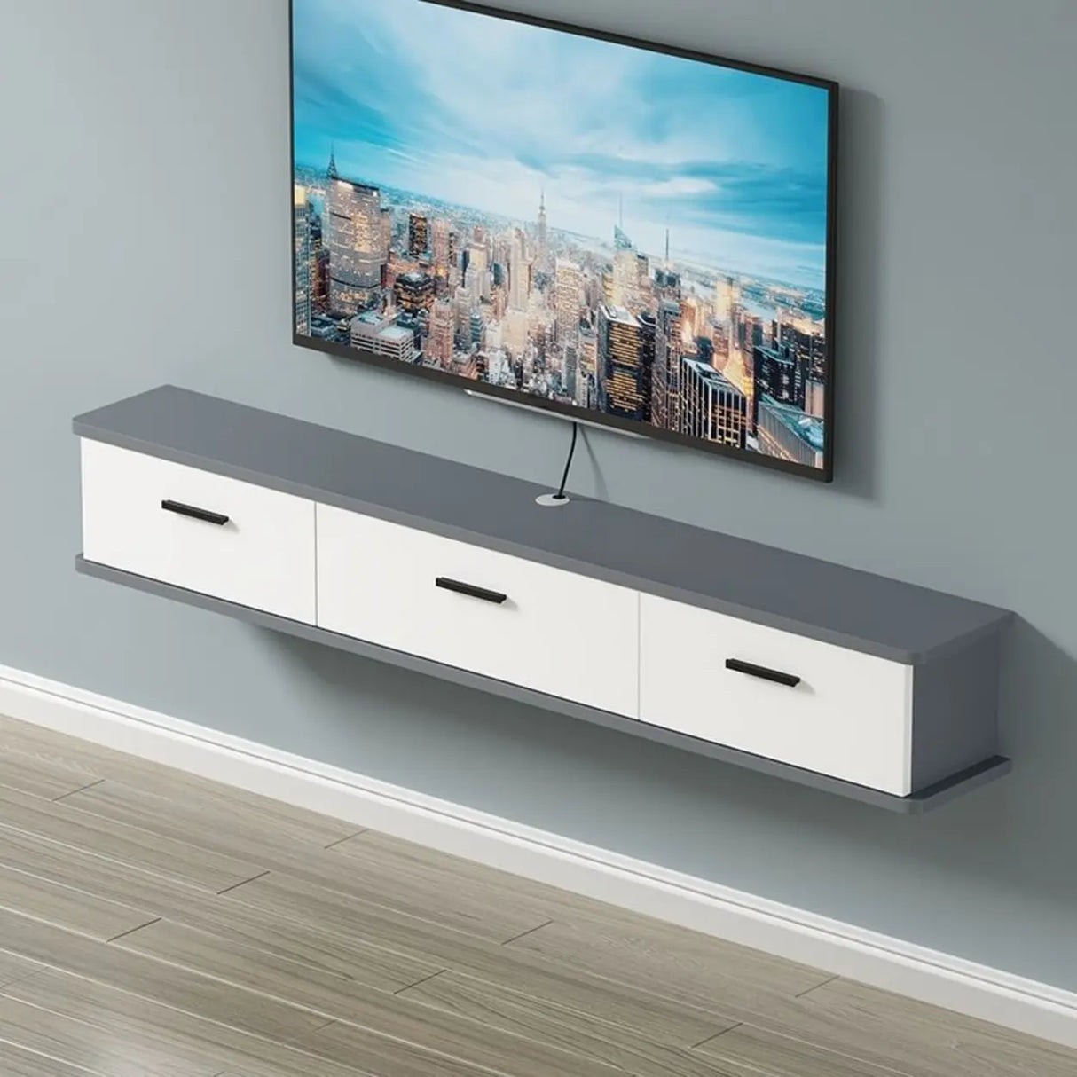 Black-White Wood Floating Mount TV Stand with Drawers Image - 13