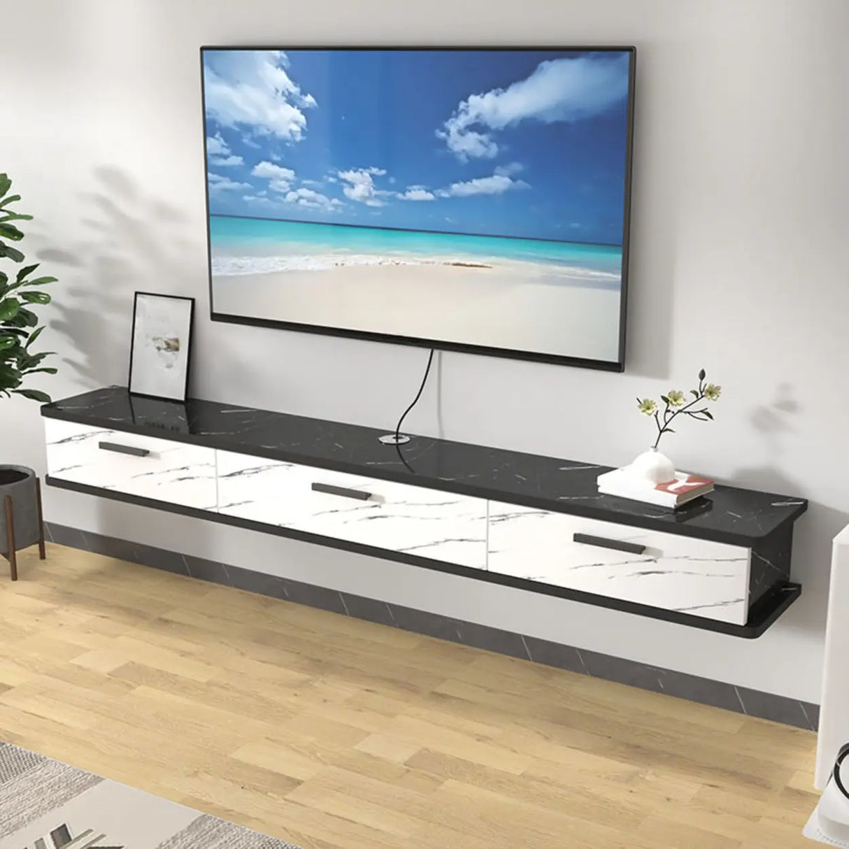Black-White Wood Floating Mount TV Stand with Drawers Image - 1