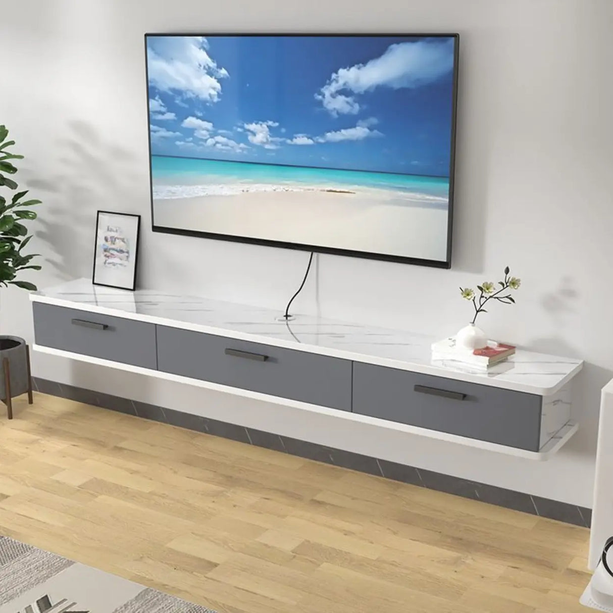 Black-White Wood Floating Mount TV Stand with Drawers Image - 2