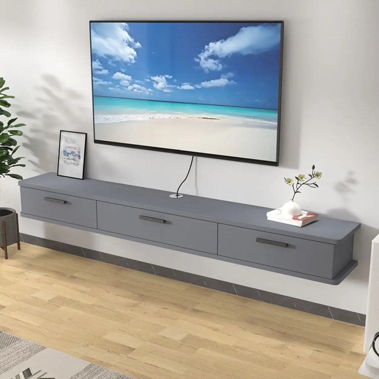 Black-White Wood Floating Mount TV Stand with Drawers Image - 3