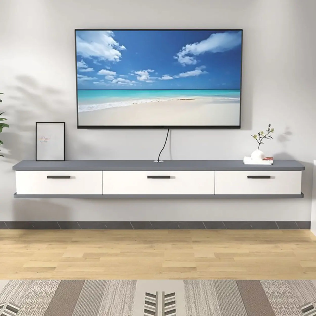 Black-White Wood Floating Mount TV Stand with Drawers Image - 4
