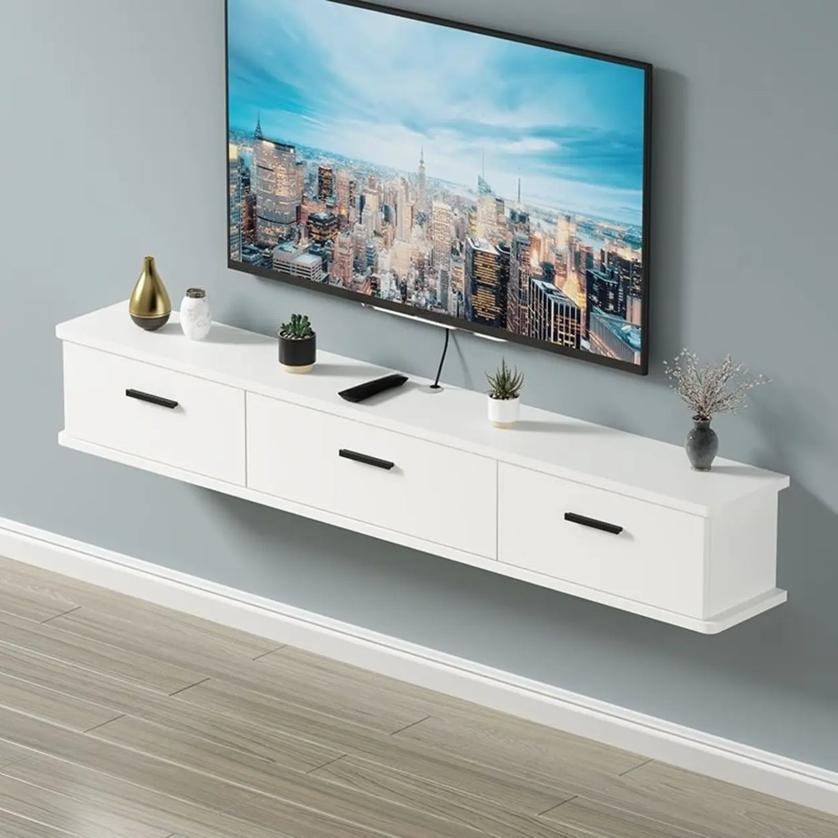 Black-White Wood Floating Mount TV Stand with Drawers Image - 5