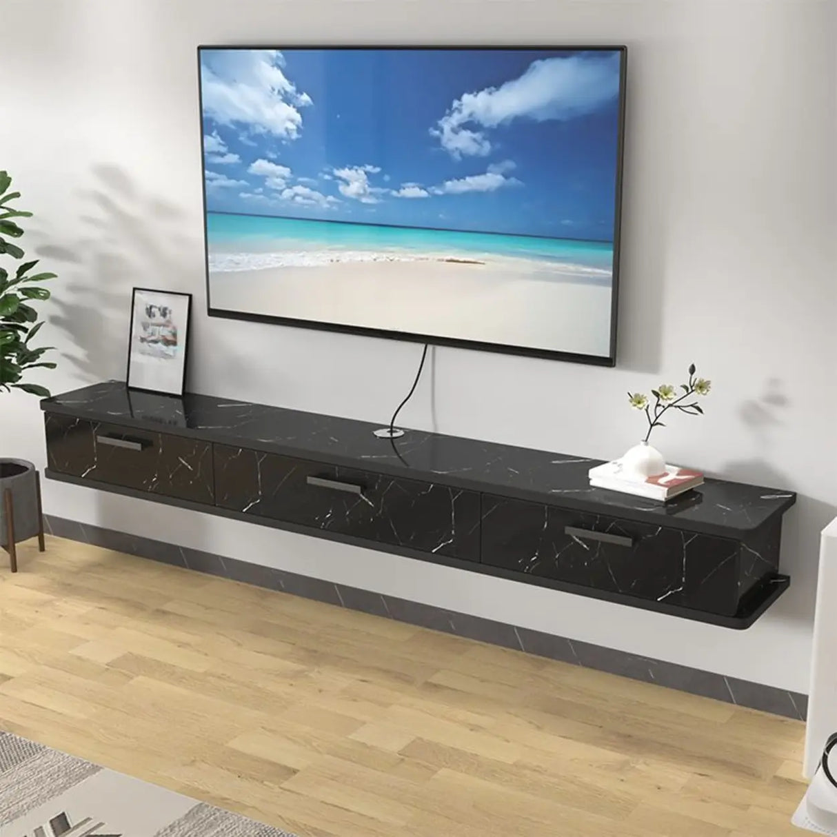 Black-White Wood Floating Mount TV Stand with Drawers Image - 8