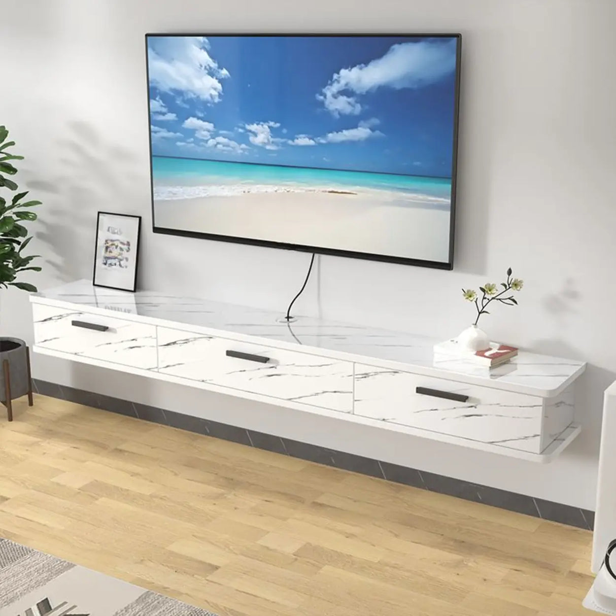 Black-White Wood Floating Mount TV Stand with Drawers Image - 9