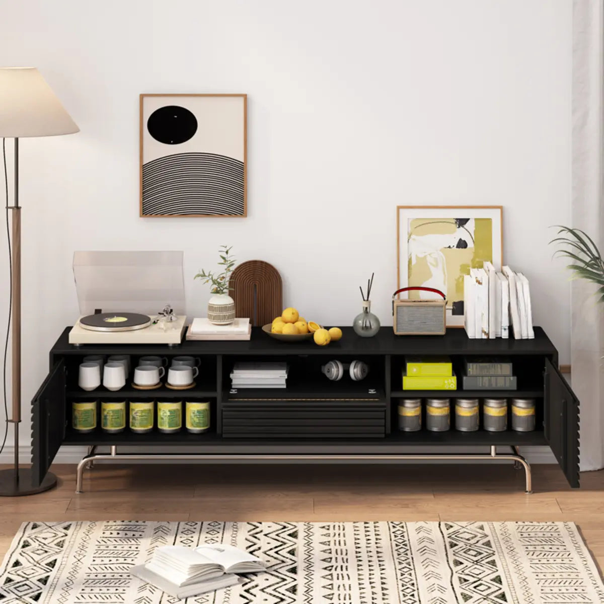 Black Wood Cabinet TV Stand with Stainless Steel Leg Image - 1