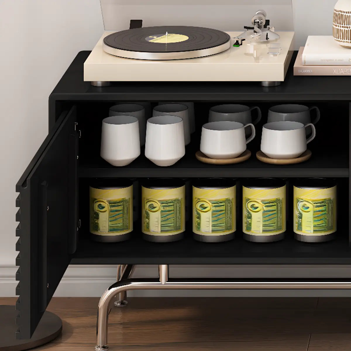 Black Wood Cabinet TV Stand with Stainless Steel Leg Image - 12