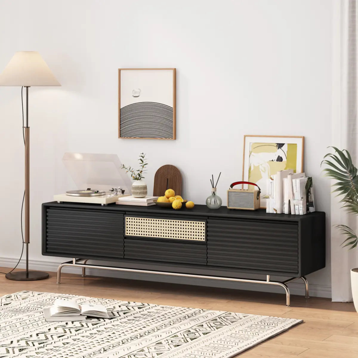 Black Wood Cabinet TV Stand with Stainless Steel Leg Image - 2