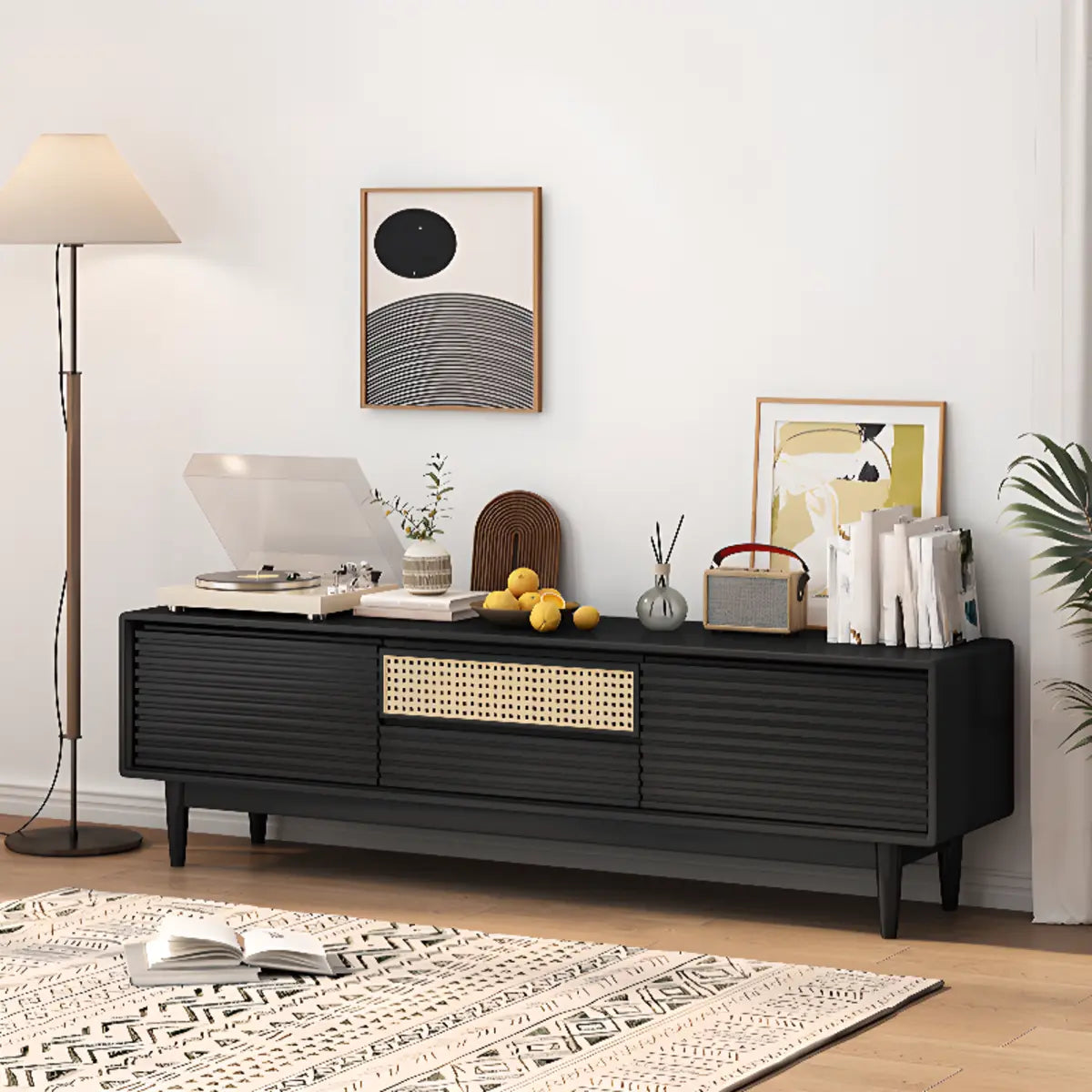 Black Wood Cabinet TV Stand with Stainless Steel Leg Image - 3