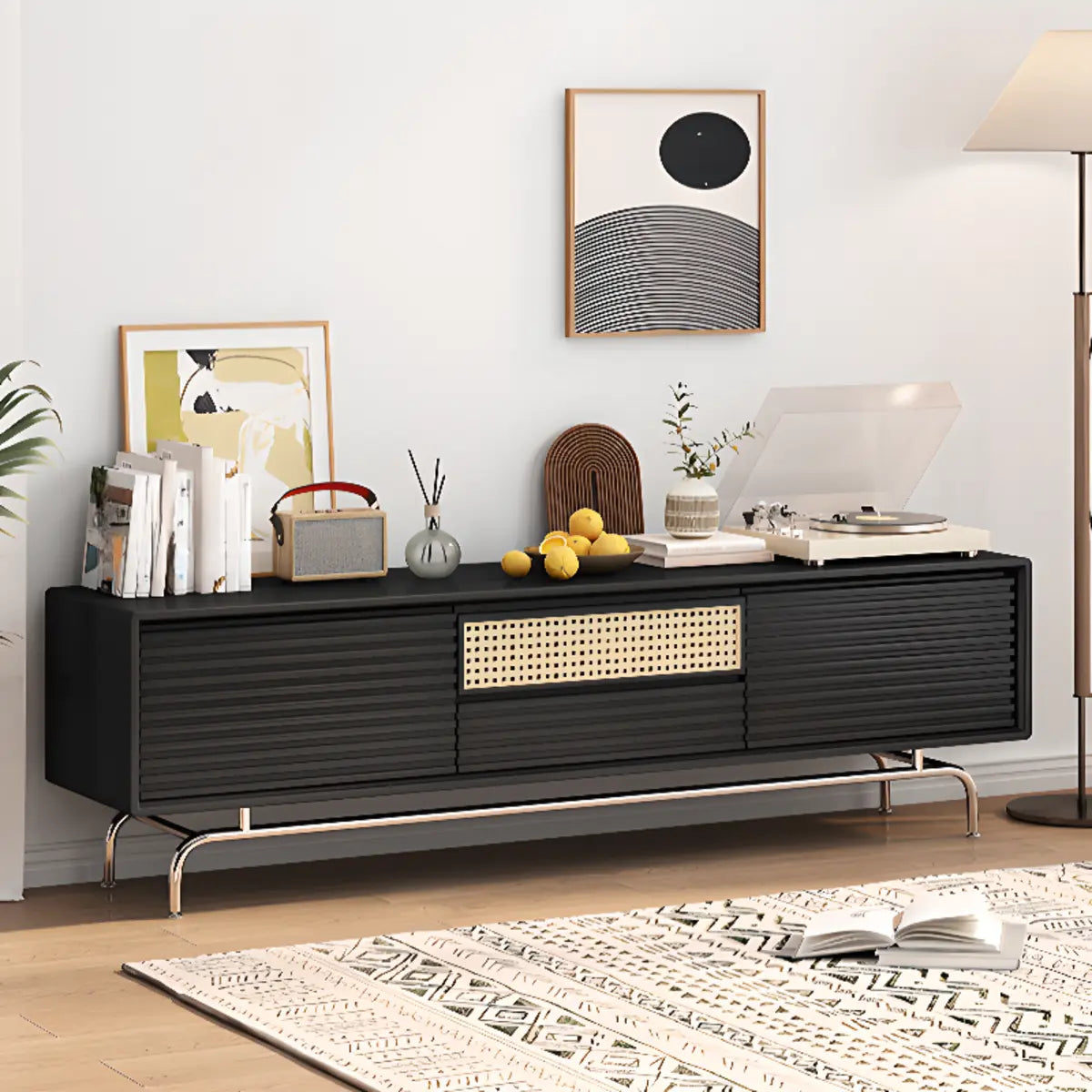 Black Wood Cabinet TV Stand with Stainless Steel Leg Image - 4