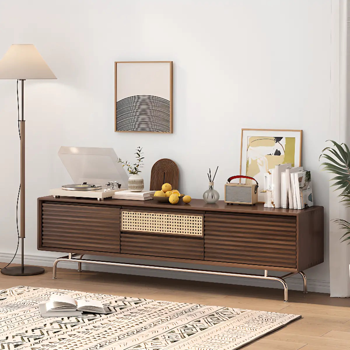 Black Wood Cabinet TV Stand with Stainless Steel Leg Image - 5