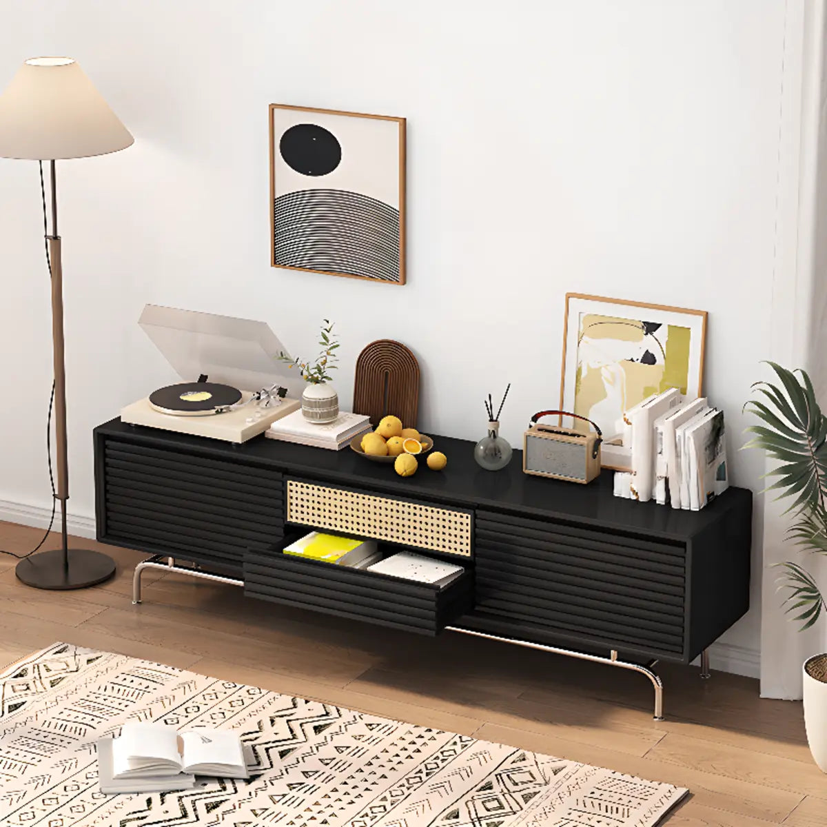 Black Wood Cabinet TV Stand with Stainless Steel Leg Image - 6