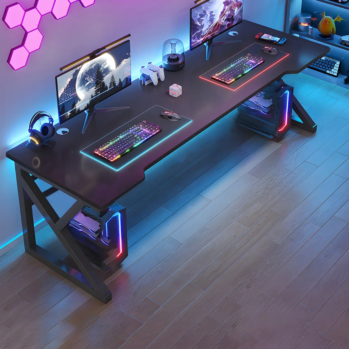 Black Wood Gaming Computer Desk with Trestle Base Image - 10