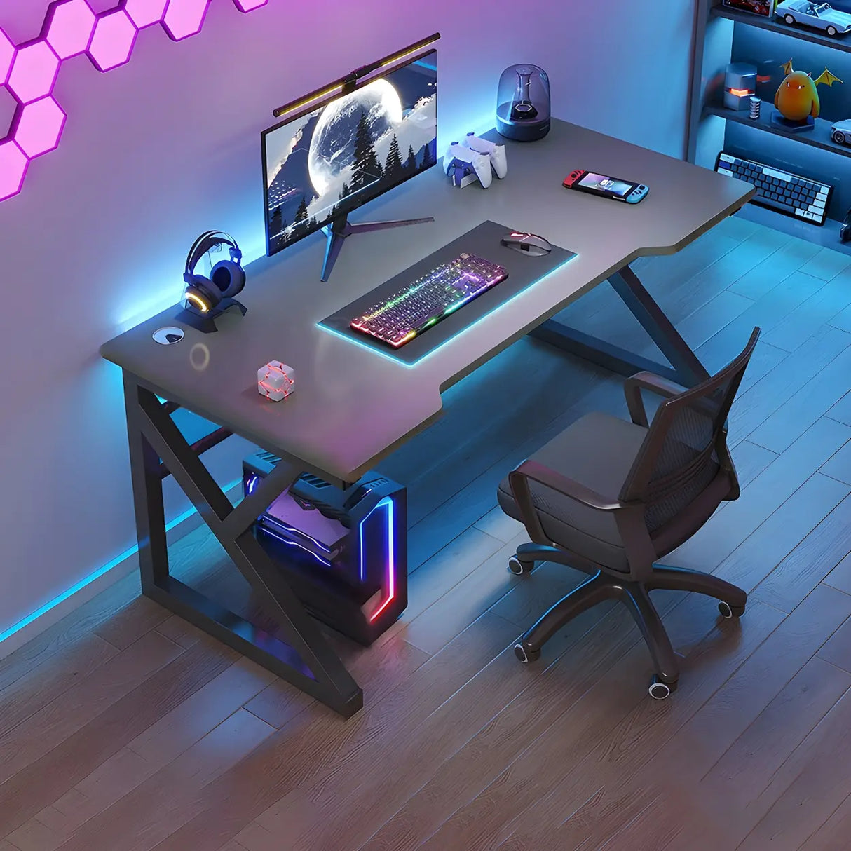 Black Wood Gaming Computer Desk with Trestle Base Image - 1