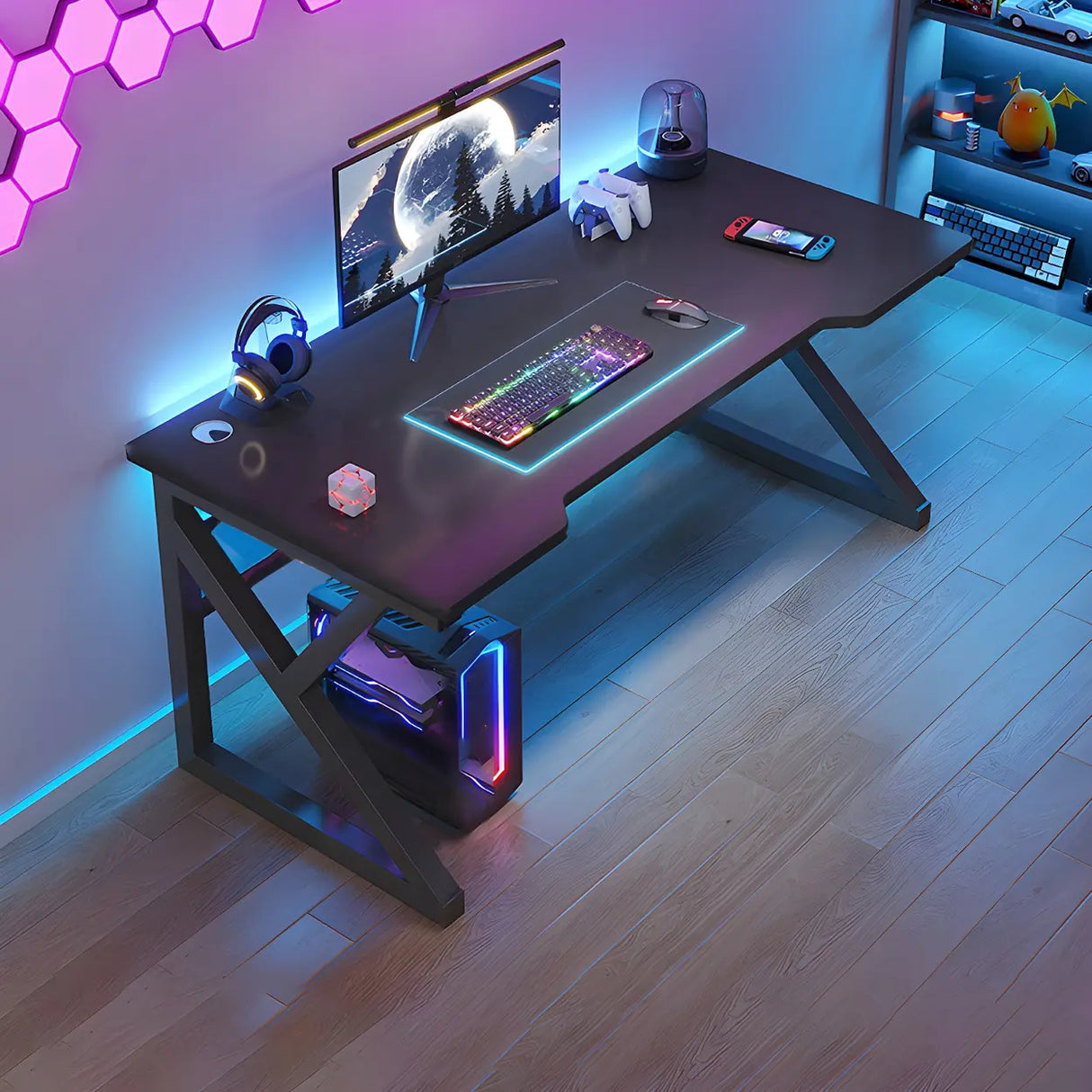 Black Wood Gaming Computer Desk with Trestle Base Image - 2