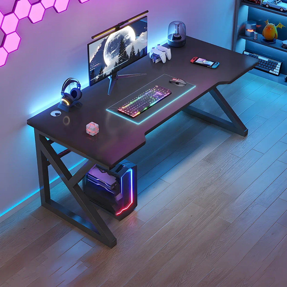 Black Wood Gaming Computer Desk with Trestle Base Image - 3