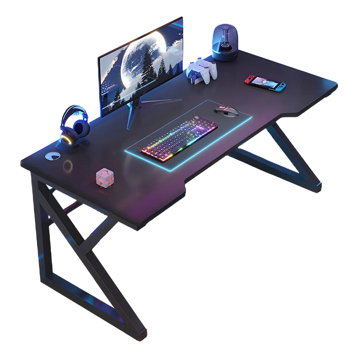 Black Wood Gaming Computer Desk with Trestle Base Image - 5