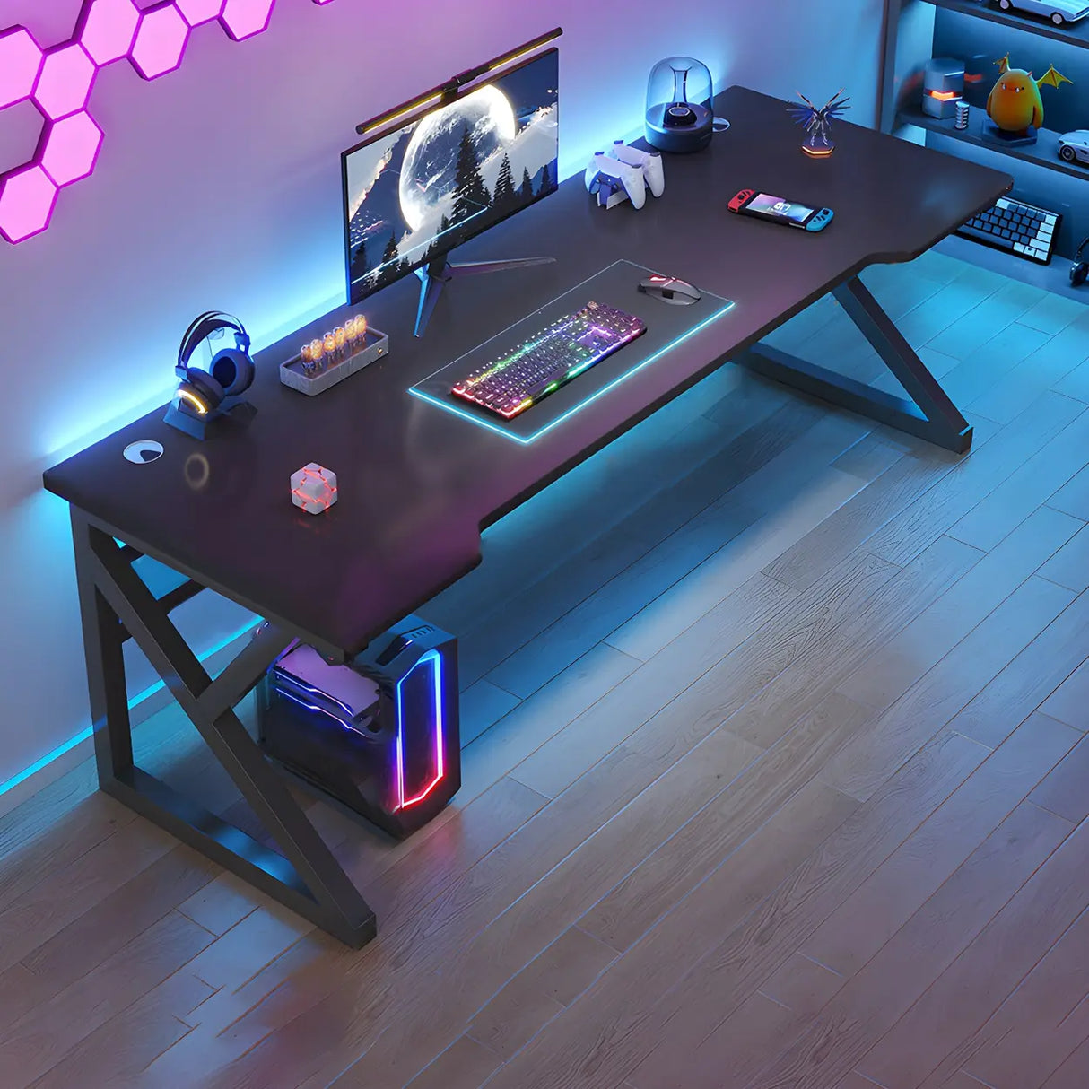 Black Wood Gaming Computer Desk with Trestle Base Image - 9