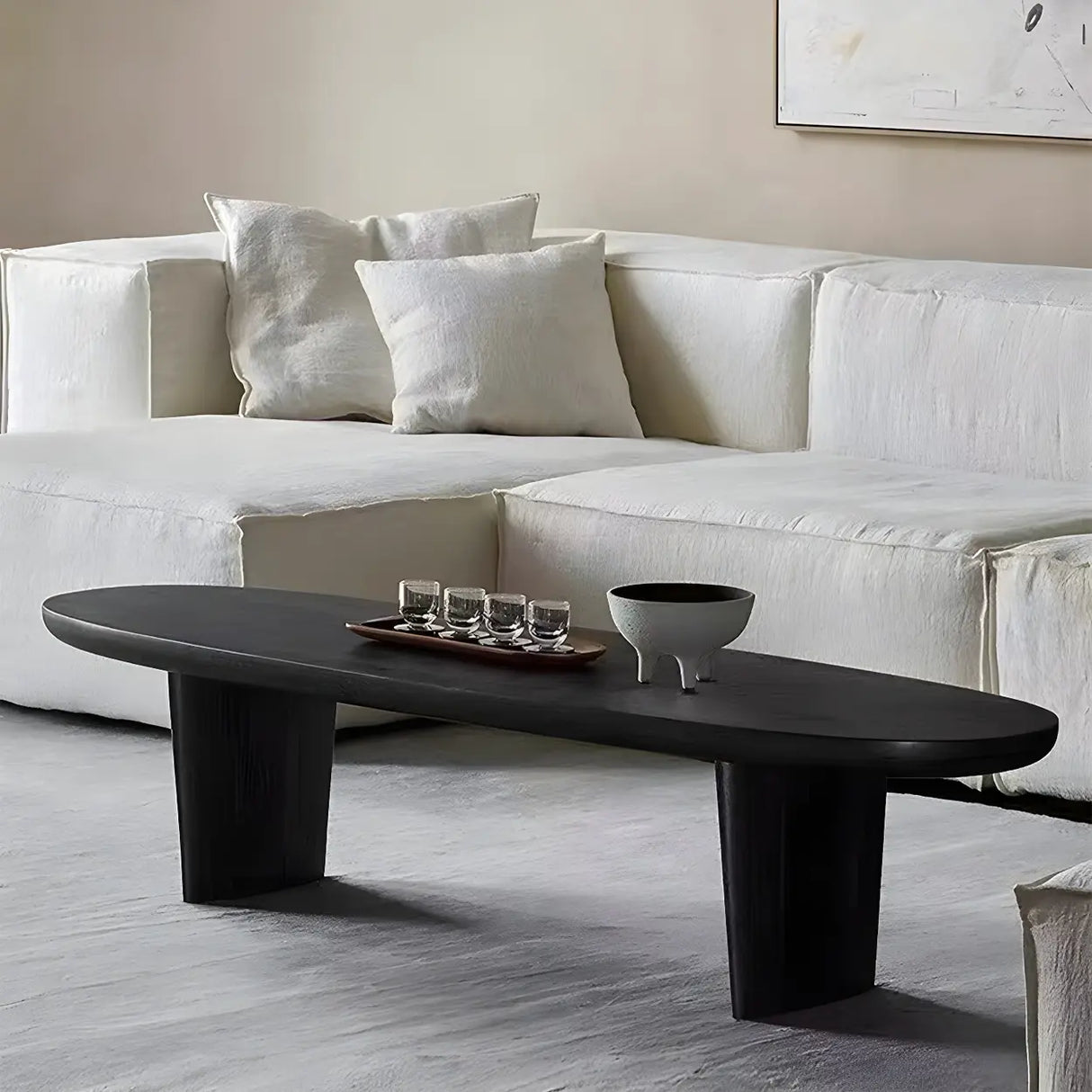 Black Wood Oval Shape Double Pedestal Coffee Table Image - 1
