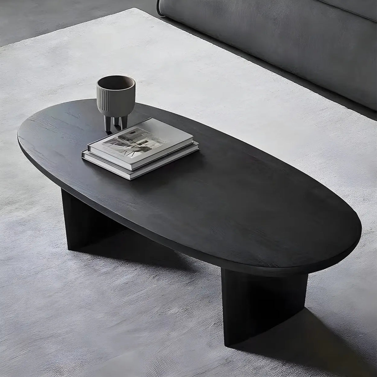 Black Wood Oval Shape Double Pedestal Coffee Table Image - 2