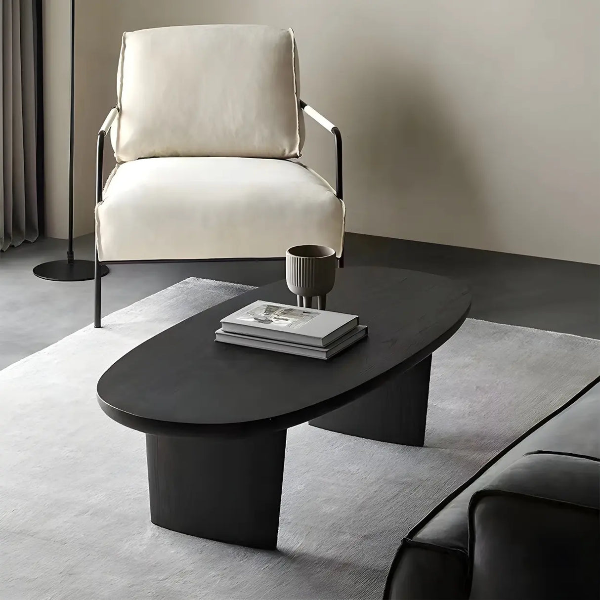 Black Wood Oval Shape Double Pedestal Coffee Table Image - 4