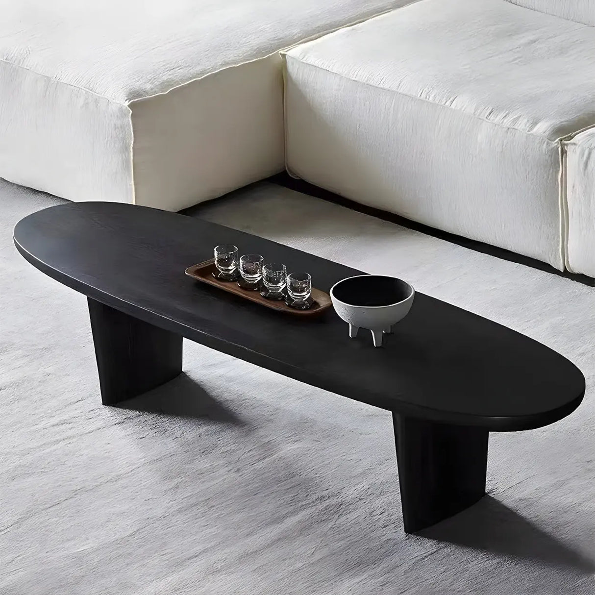 Black Wood Oval Shape Double Pedestal Coffee Table Image - 5