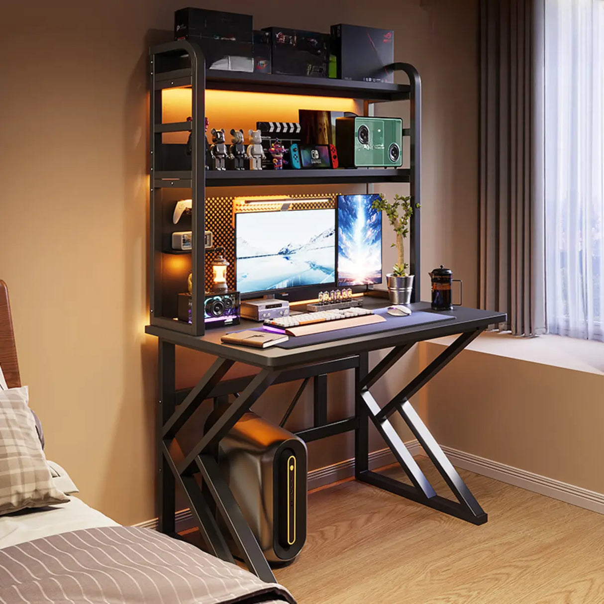 Black Wood Single Computer Desk with Shelves and Hutch Image - 3