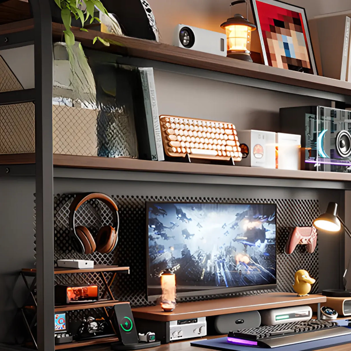 Black Wood Single Computer Desk with Shelves and Hutch Image - 4