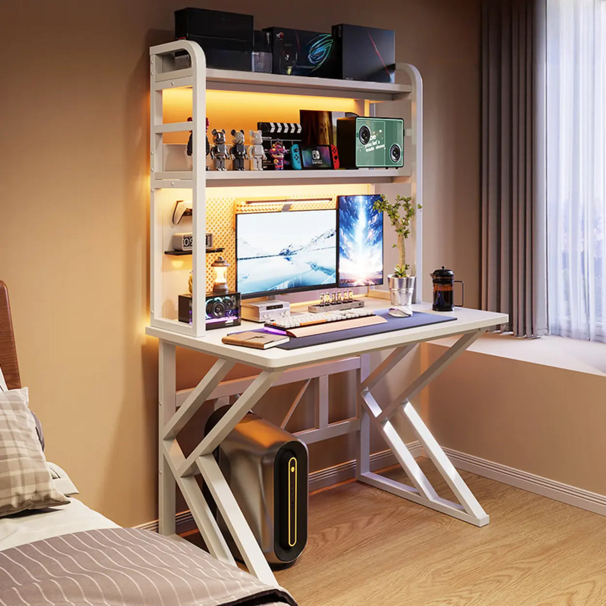 Black Wood Single Computer Desk with Shelves and Hutch Image - 5