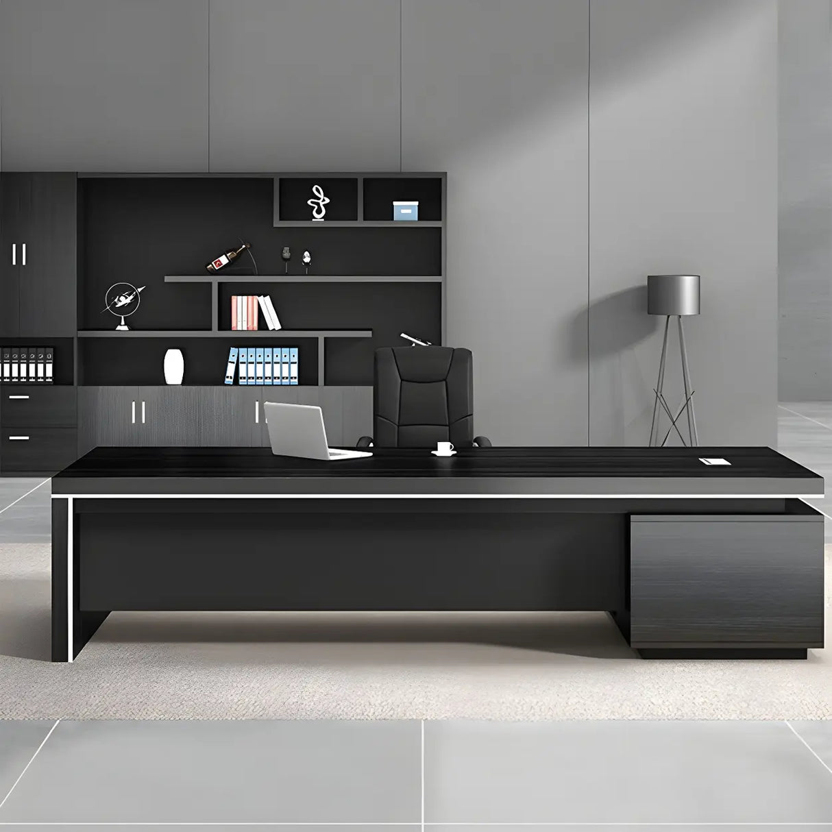 Black Wooden Long Length L-Shape Executive Desk Image - 1