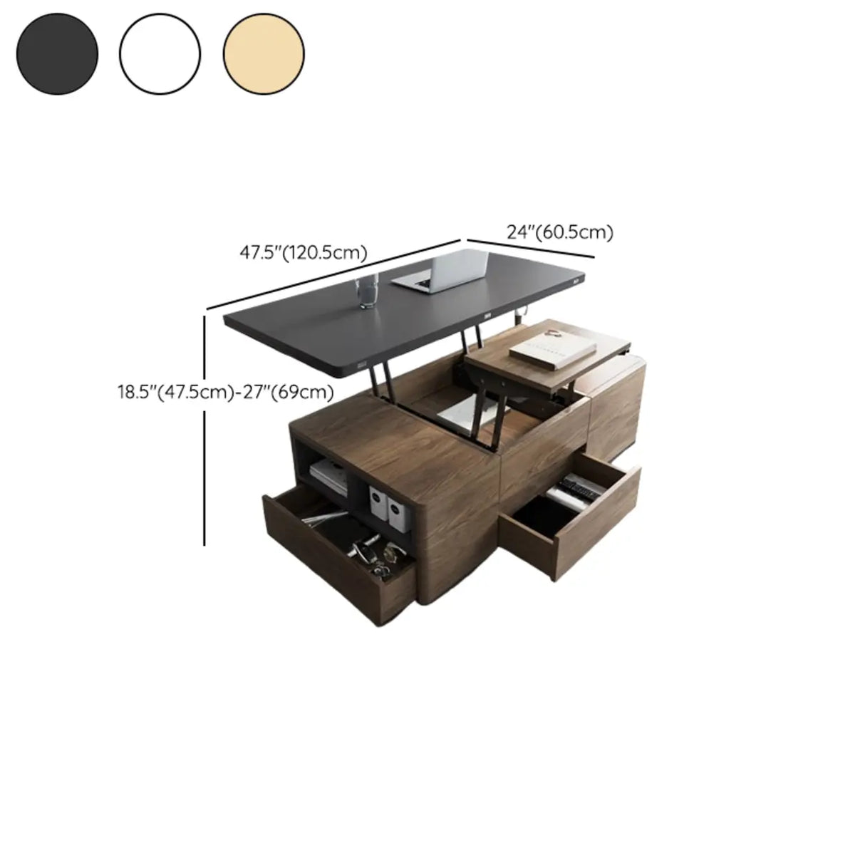 Black Wooden Rectangular Coffee Table with Lift Top