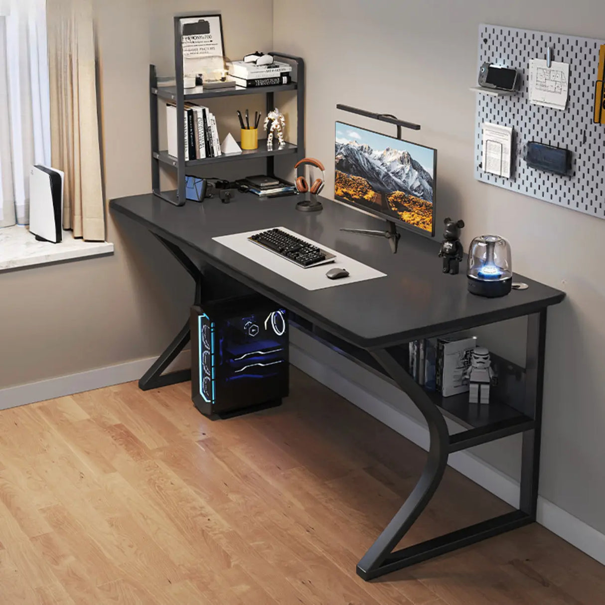 Black Wooden Rectangular Computer Desk with Shelves Image - 10