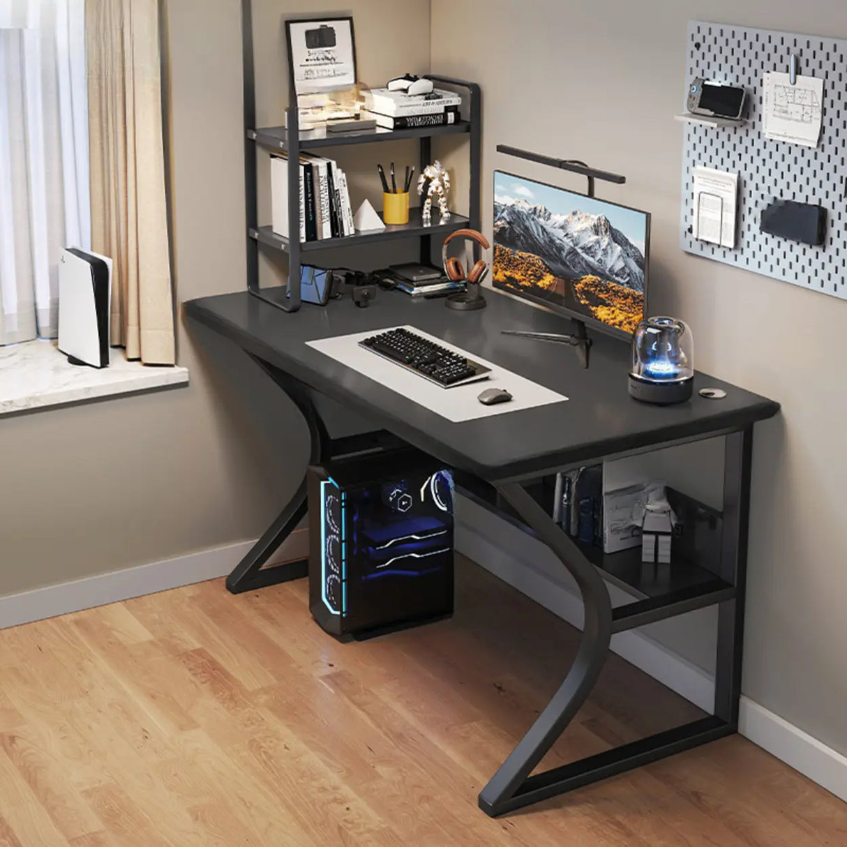 Black Wooden Rectangular Computer Desk with Shelves Image - 11