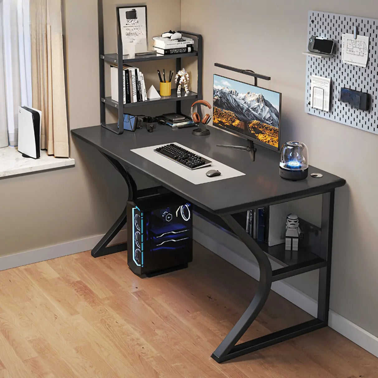 Black Wooden Rectangular Computer Desk with Shelves Image - 12
