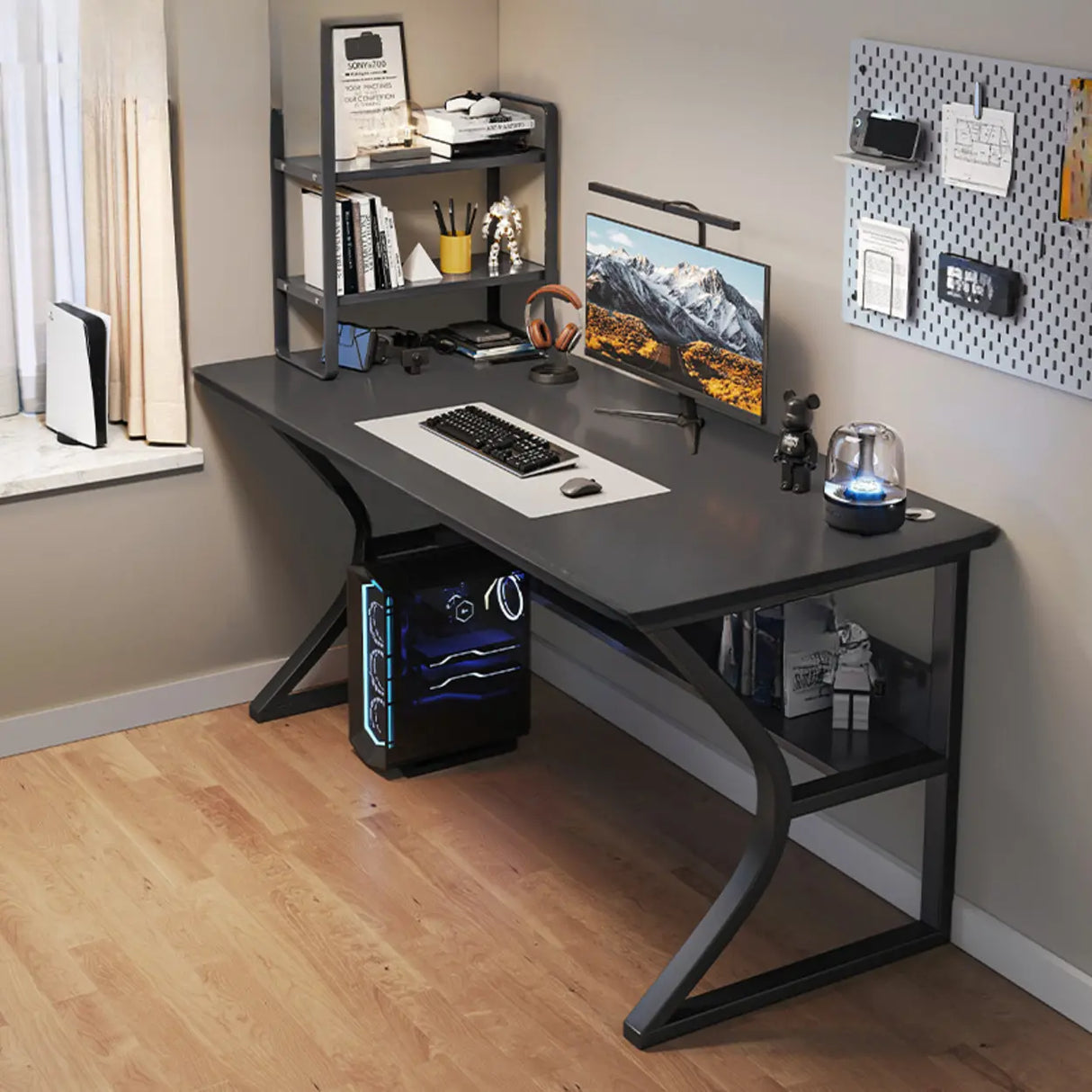 Black Wooden Rectangular Computer Desk with Shelves Image - 13