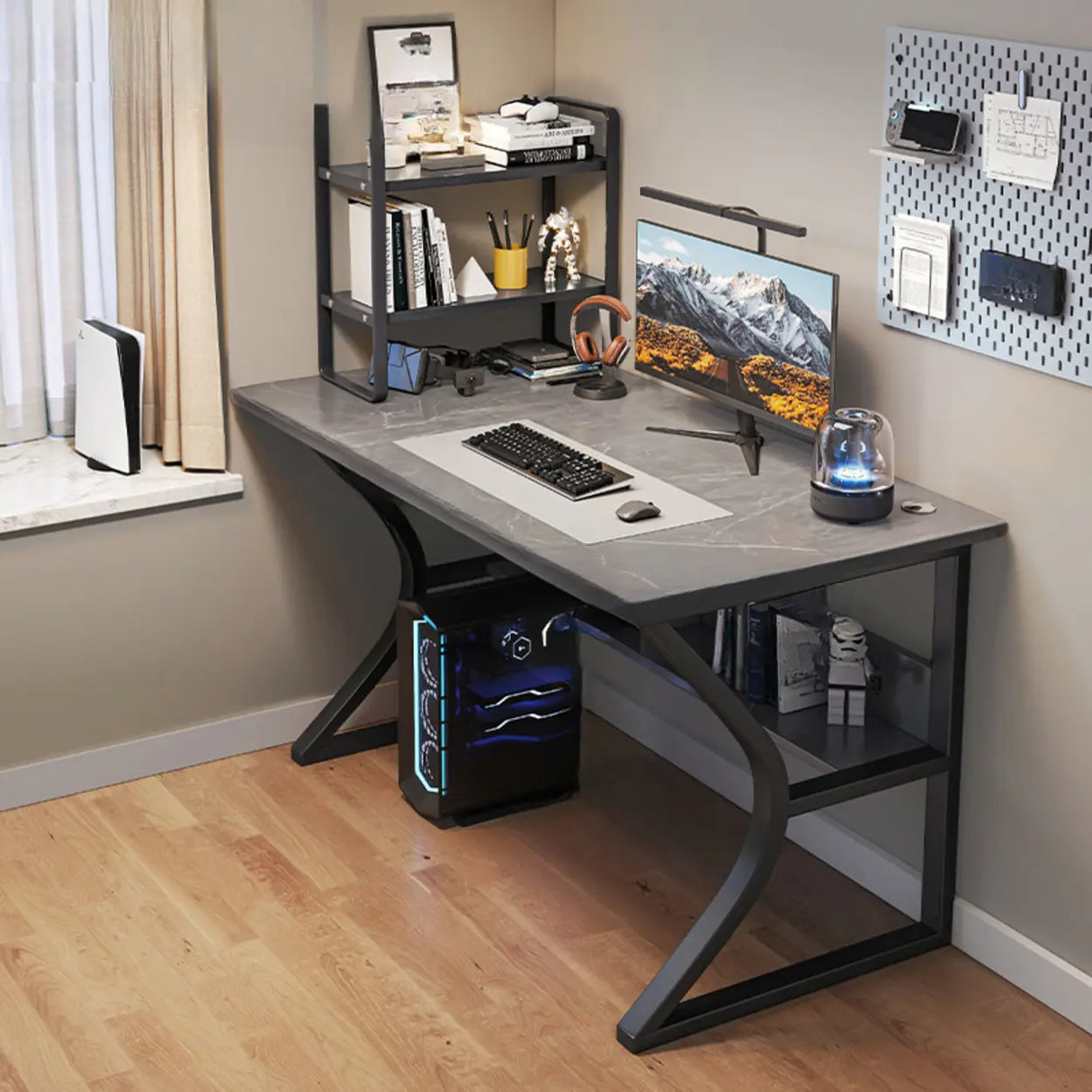 Black Wooden Rectangular Computer Desk with Shelves Image - 14