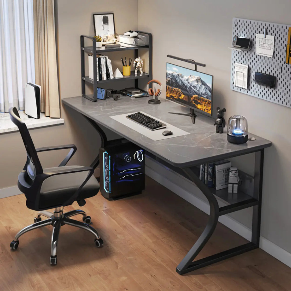 Black Wooden Rectangular Computer Desk with Shelves Image - 1