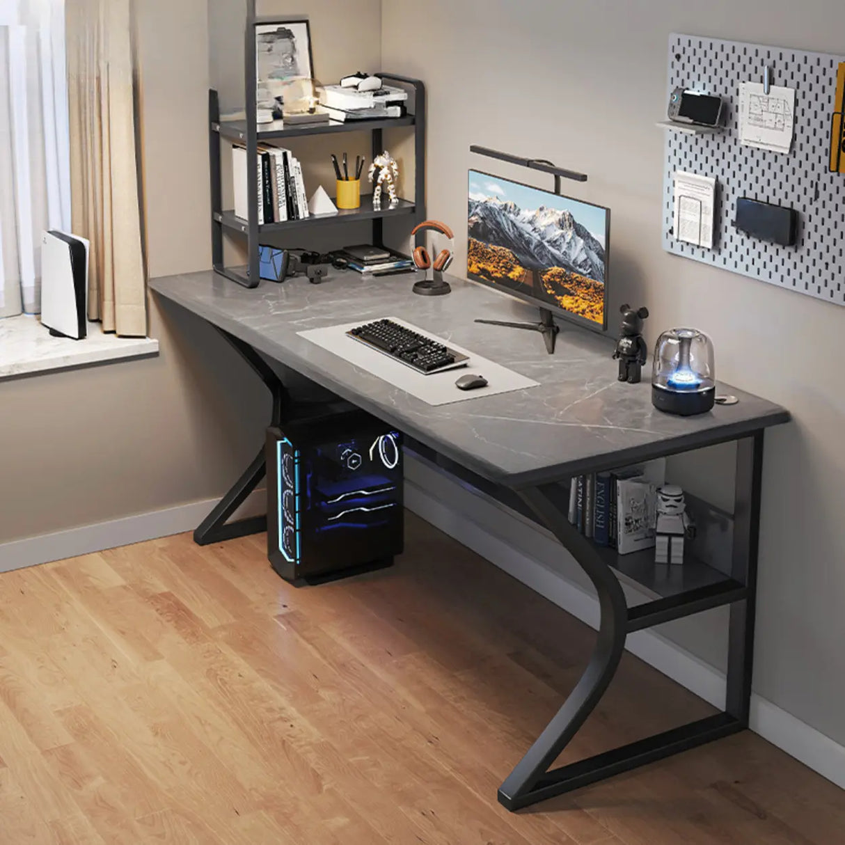 Black Wooden Rectangular Computer Desk with Shelves Image - 2