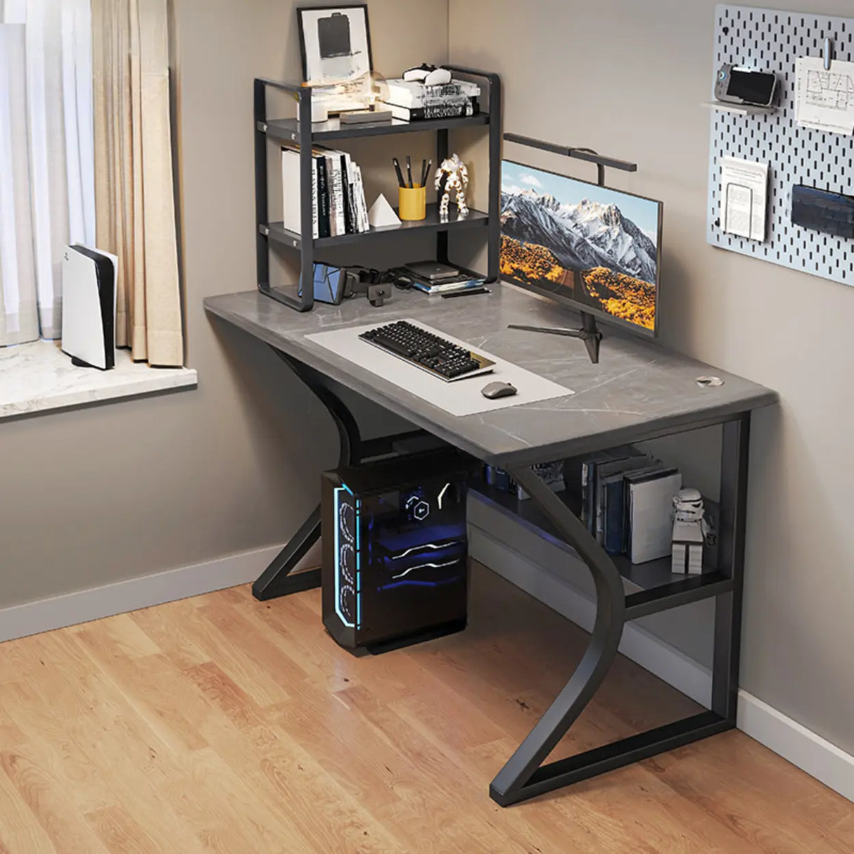 Black Wooden Rectangular Computer Desk with Shelves Image - 3