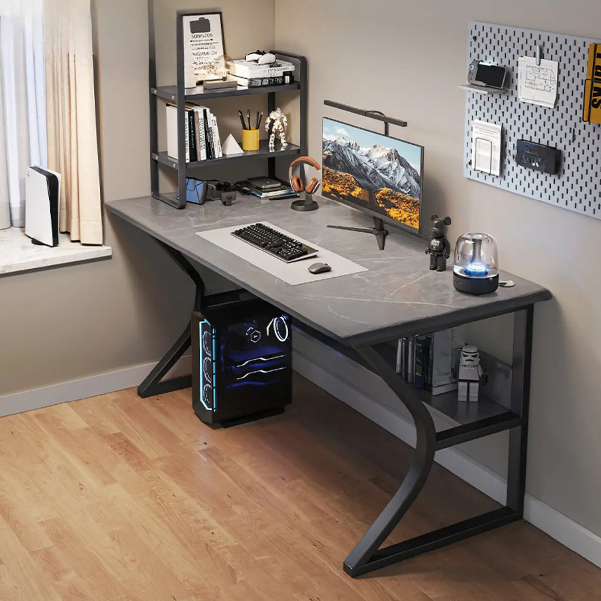 Black Wooden Rectangular Computer Desk with Shelves Image - 5