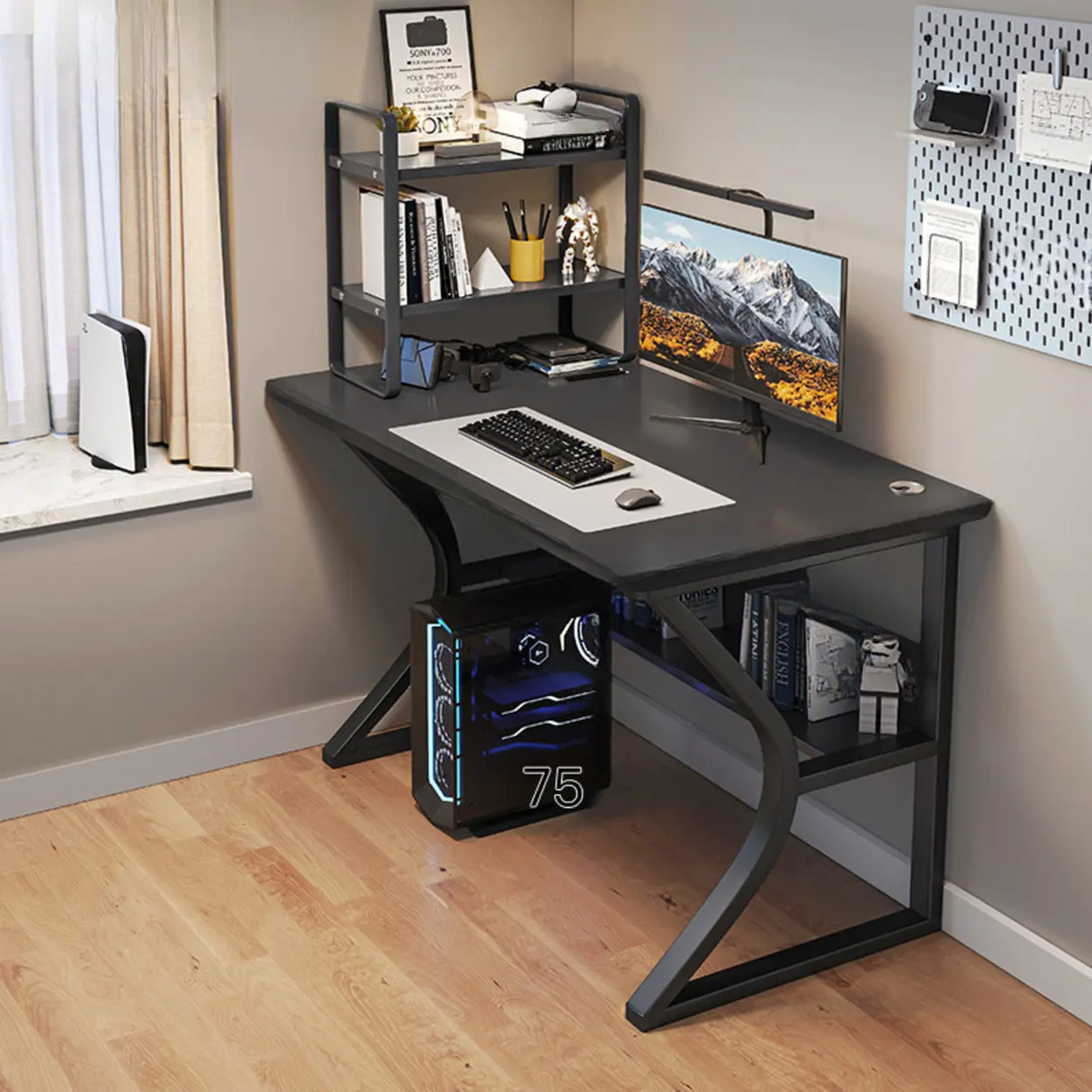 Black Wooden Rectangular Computer Desk with Shelves Image - 7
