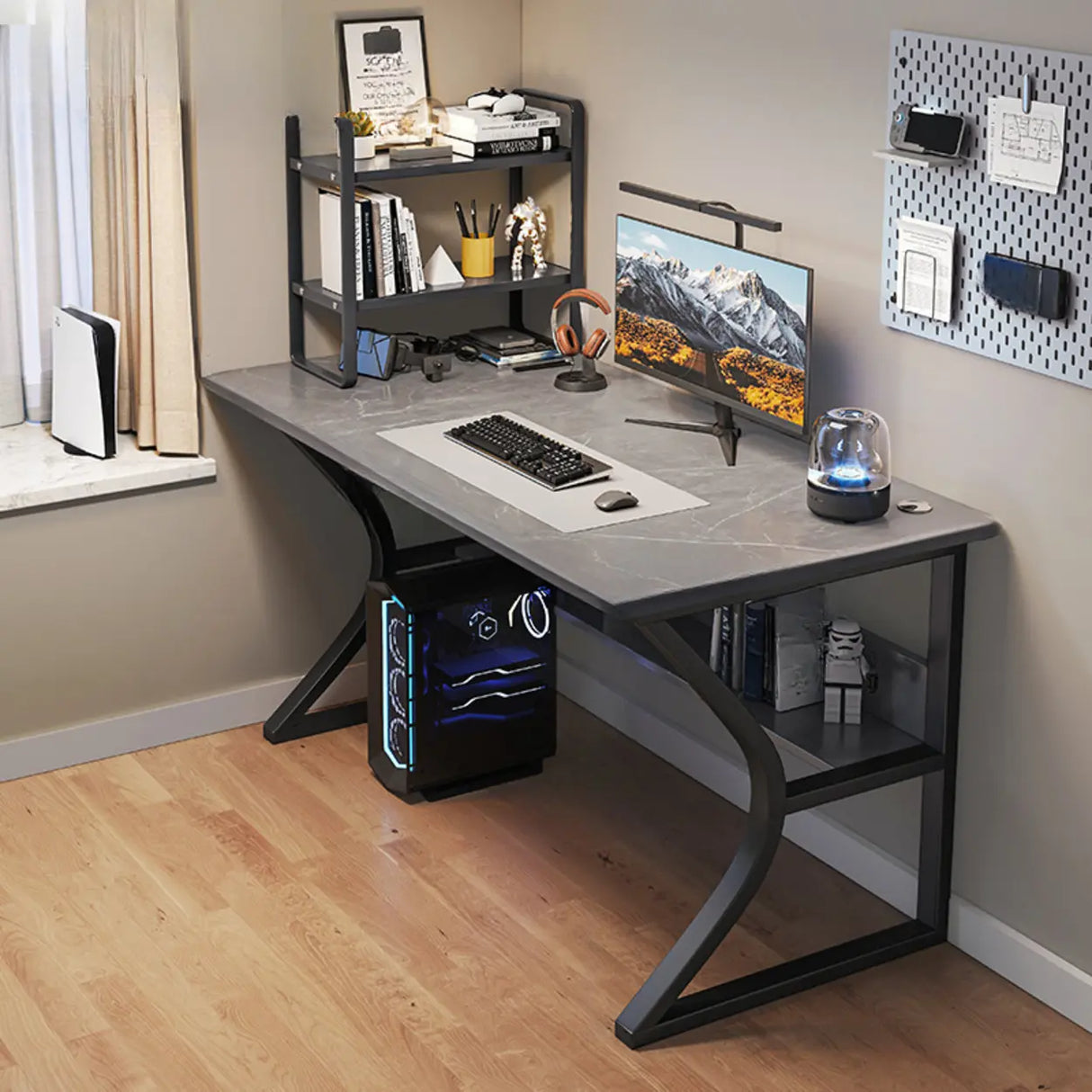 Black Wooden Rectangular Computer Desk with Shelves Image - 9