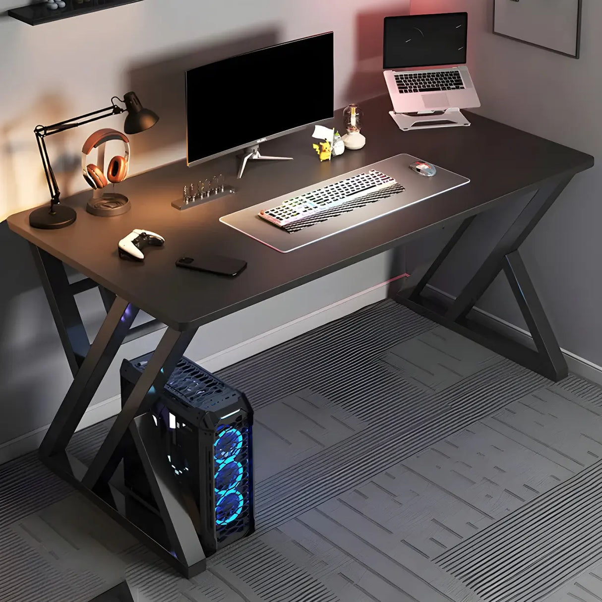 Black Wooden Rectangular Steel Sled Computer Desk Image - 1