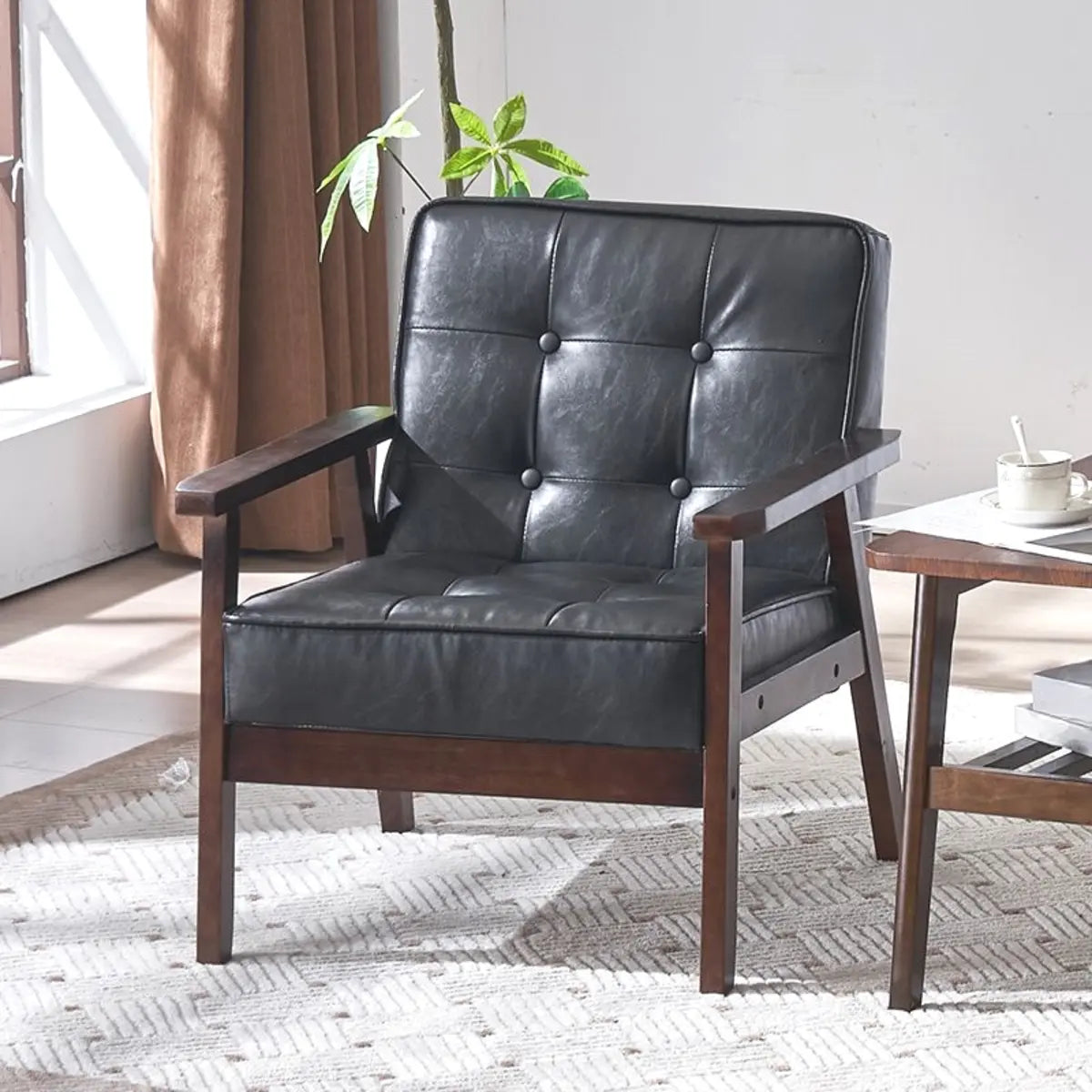 Blackish Green Oiled Leather Tufted Back Accent Chair Image - 13