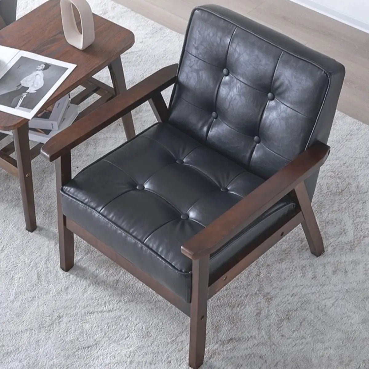 Blackish Green Oiled Leather Tufted Back Accent Chair Image - 14