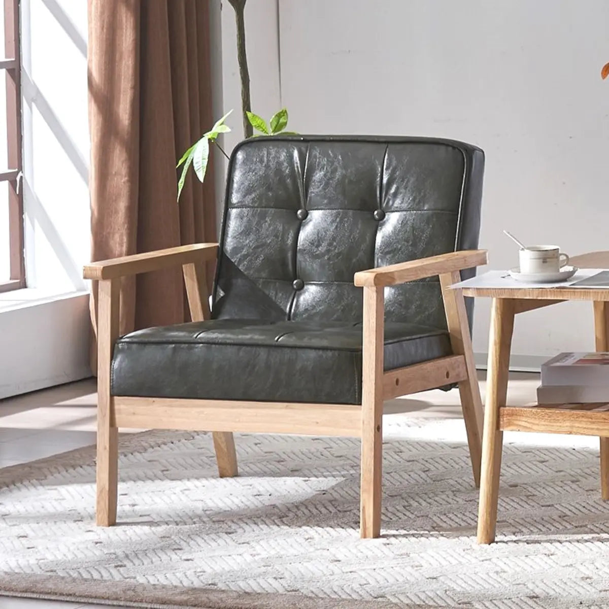 Blackish Green Oiled Leather Tufted Back Accent Chair Image - 7