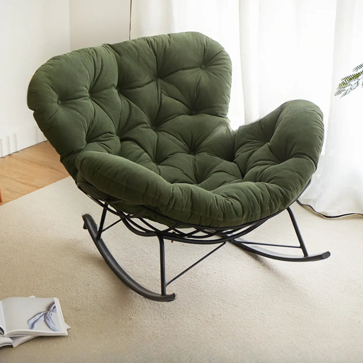 Blackish Green Tufted Rocking Chair with Metal Leg Image - 2