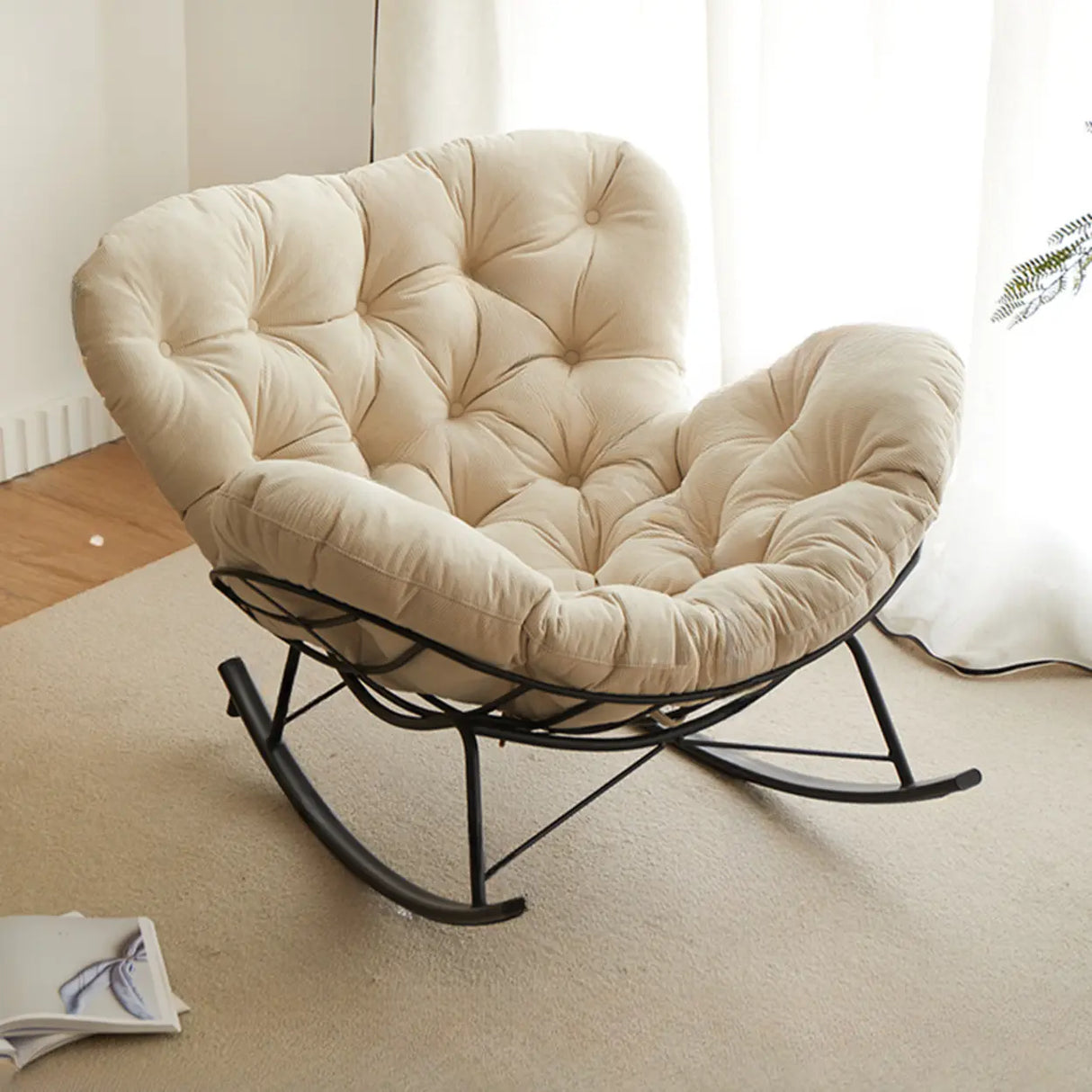 Blackish Green Tufted Rocking Chair with Metal Leg Image - 3