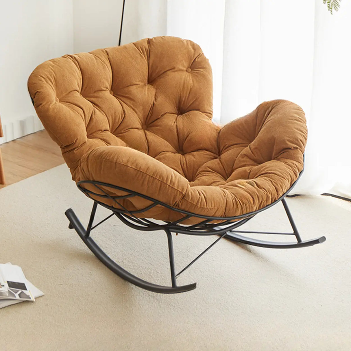 Blackish Green Tufted Rocking Chair with Metal Leg Image - 5