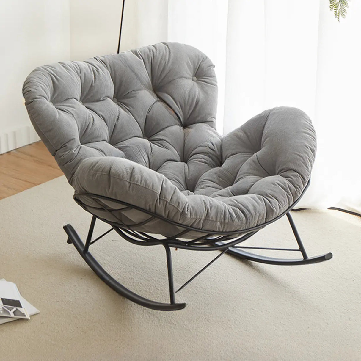 Blackish Green Tufted Rocking Chair with Metal Leg Image - 7