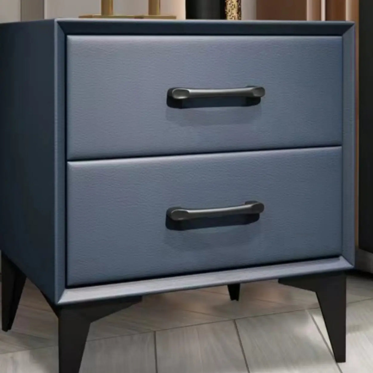 Blue 2 Tiers Storage Square Leather Nightstand with Legs Image - 1